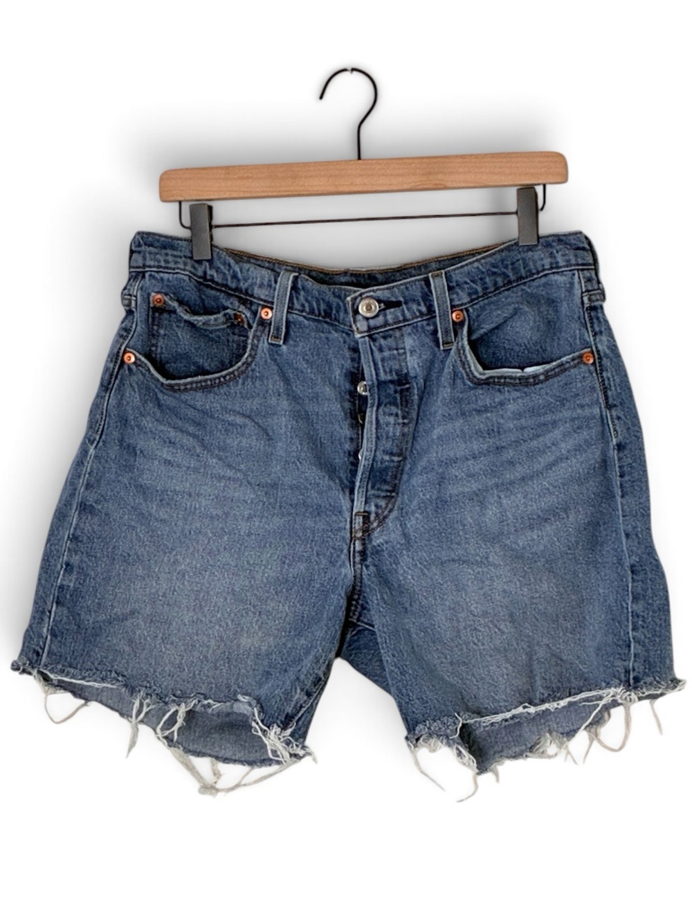 Levi’s | 501 button fly raw hem cut off long jean shorts bermuda denim size 32